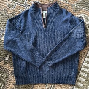 L.L. Bean Merino Wool Blue Half-Zip Sweater with Brown Suede Detail